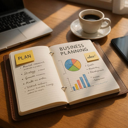 Business Plan Strategy Planning Diagram Word Graphic Word With Notebook and Coffee