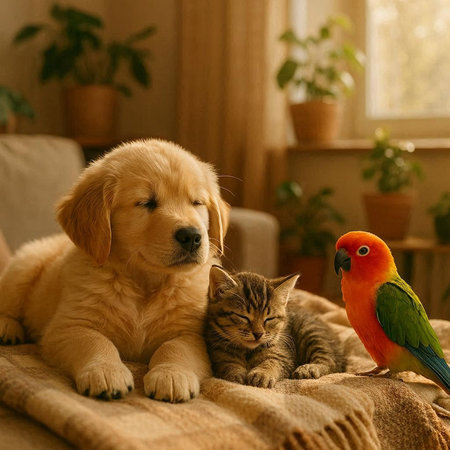 Golden Retriever puppy, cat and parrot on the couch.