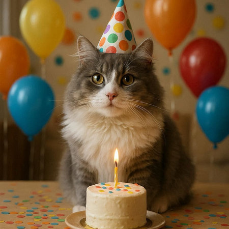 Cute cat with birthday cake and colorful balloons on the background.
