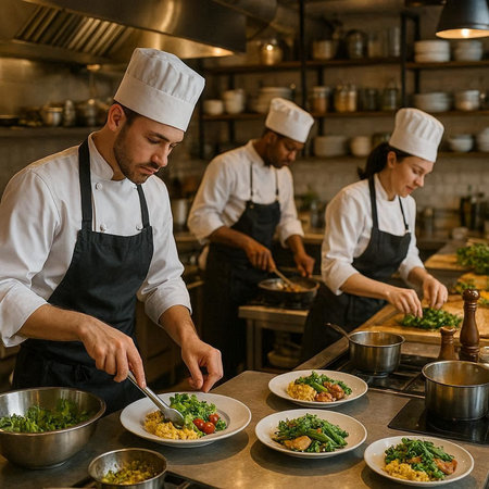 chef preparing vegetable salad in restaurant kitchen with team of professional chefs