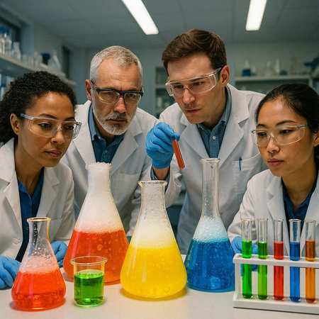 Group of scientists working in laboratory. Multiethnic group of scientists carrying out scientific research in a laboratory.