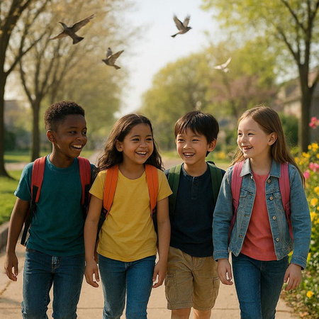 Group of kids with their backpacks walking in the park and smiling