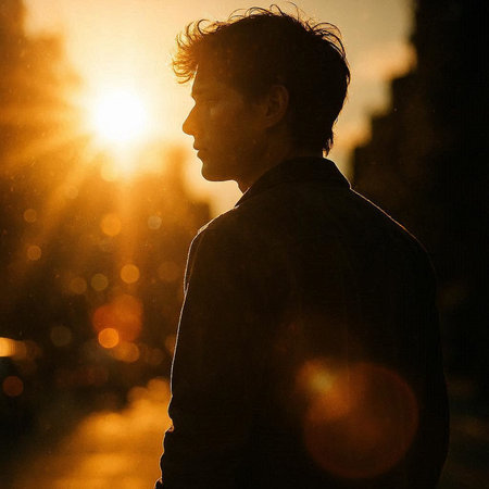 young man in the city on a background of the setting sun.