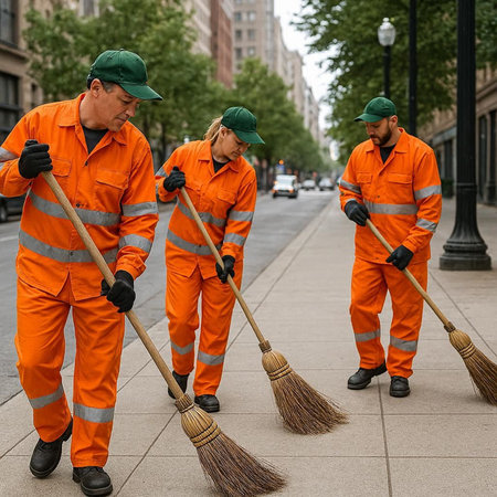 Team of janitors cleaning the street in New York City, USA