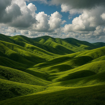 Green hills under blue sky with clouds.