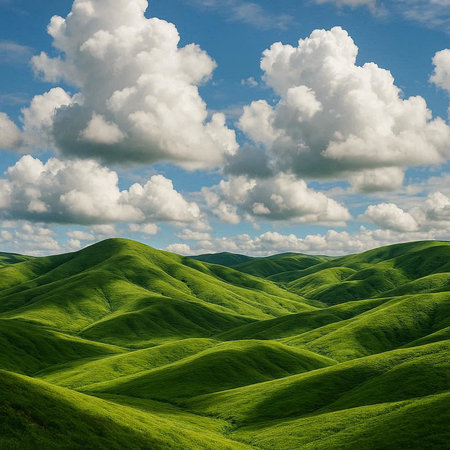 Green hills under blue sky with white clouds. Beautiful summer landscape.