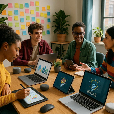 Group of diverse business people working together at office desk with creative icons