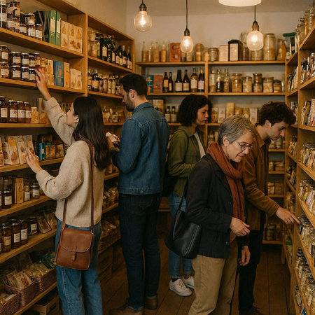 Group of diverse people shopping in store. Group of young men and women choosing and buying items in a store.