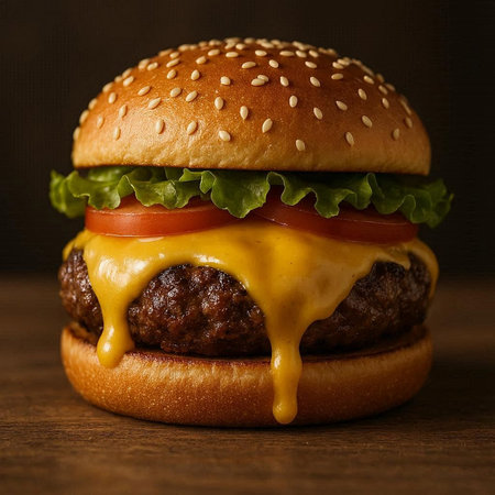 Cheese burger - American cheese burger with fresh vegetables on wooden background