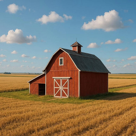 A red barn in a wheat field under a blue sky with clouds