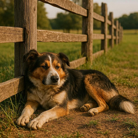 Dog lying on the ground near the wooden fence in the countryside.