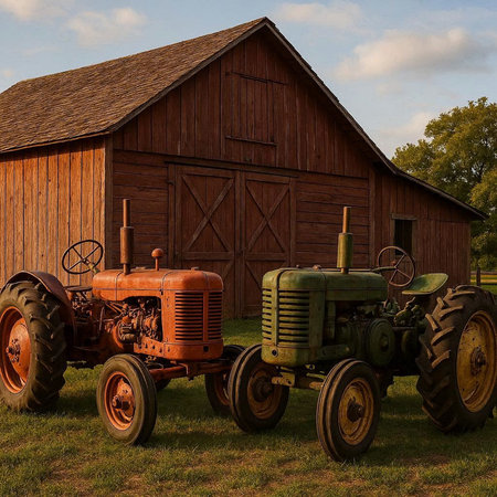 Old farm tractor in front of a wooden barn, 3d render
