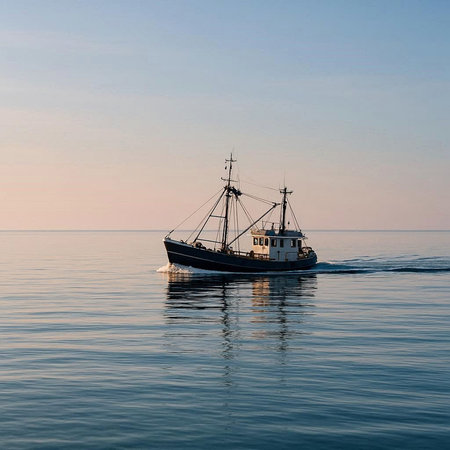 Fishing boat in the sea at sunset, blue sky background.