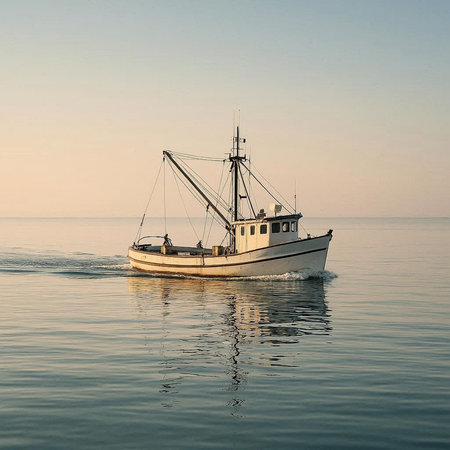 Fishing boat in the sea at sunrise. Toned image.