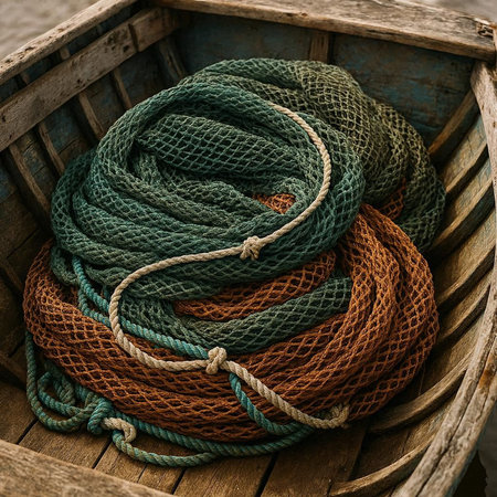 fishing nets in a wooden boat, close-up, vintage