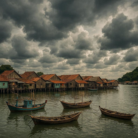 Fishing village on the river in Vietnam, Asia.