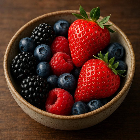 Fresh berries in a bowl on wooden background. Healthy food concept.