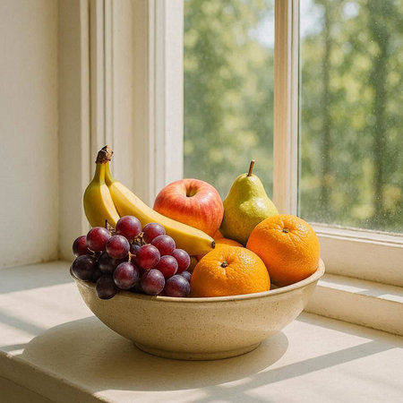 various fruits in a bowl on the windowsill near the window