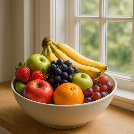 Bowl of fresh fruit in front of window. Healthy eating concept