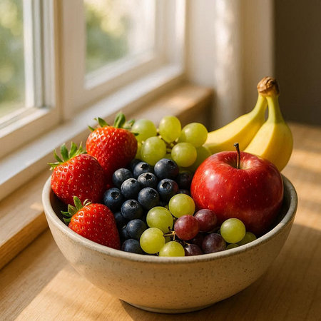 Bowl with fresh fruits on windowsill. Healthy food concept.