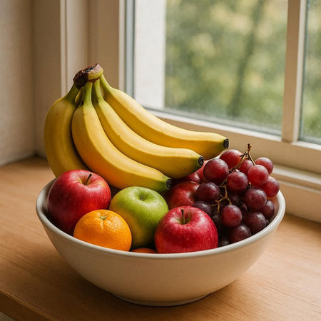 Fruits in a bowl on a window sill. Healthy eating concept