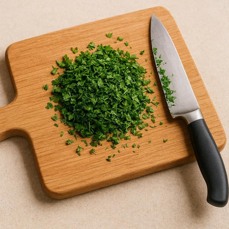 Parsley on a cutting board with a knife on a light background