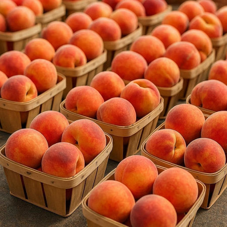 Ripe peaches in wooden baskets on the ground. Selective focus.