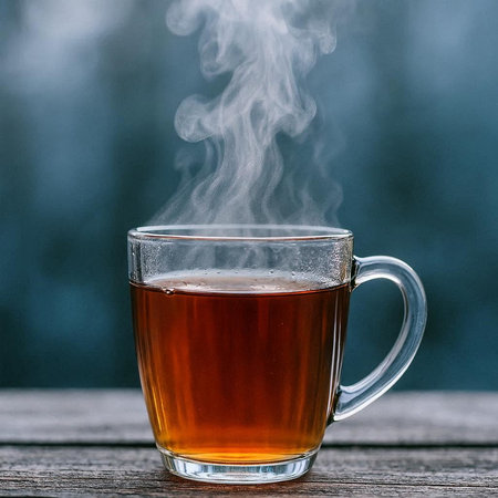 Cup of tea with steam on a wooden background. Selective focus.