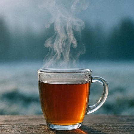 Cup of tea with steam on the background of the lake.