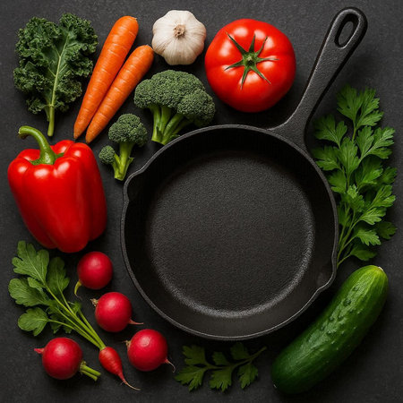 Vegetables in a frying pan on black background, top view