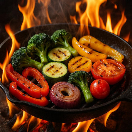 Grilled vegetables in a frying pan on fire. Selective focus.
