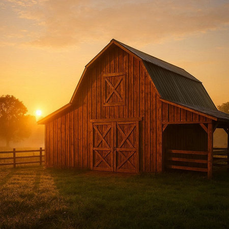3D render of an old barn in the countryside at sunrise.
