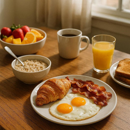 Breakfast with coffee, orange juice, croissant and eggs