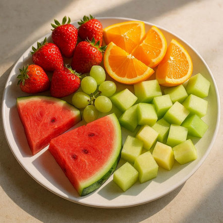 Fruit salad with watermelon, orange, grape and melon
