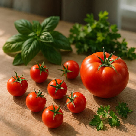 Tomatoes, basil and parsley on a wooden background. Selective focus.