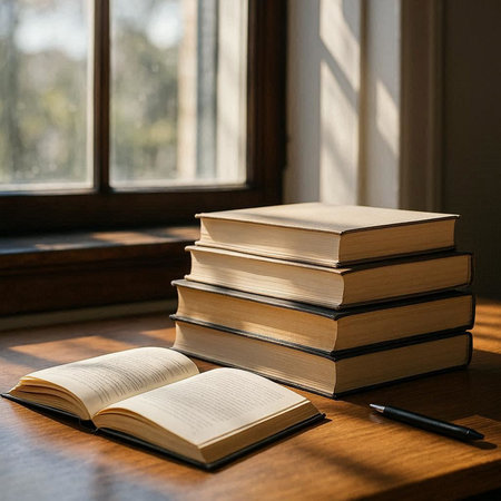 Books on a wooden table in front of the window. Education concept.