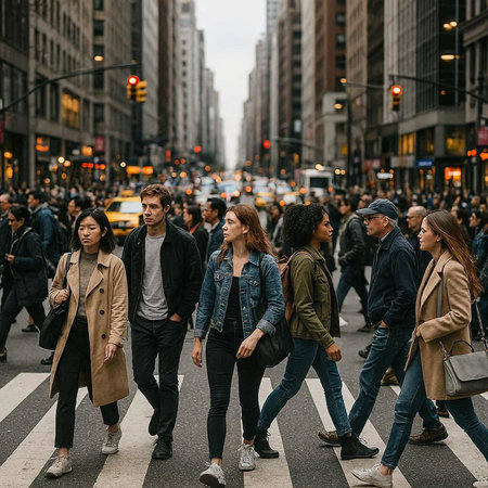Crowd of young people crossing the street in Manhattan, New York City