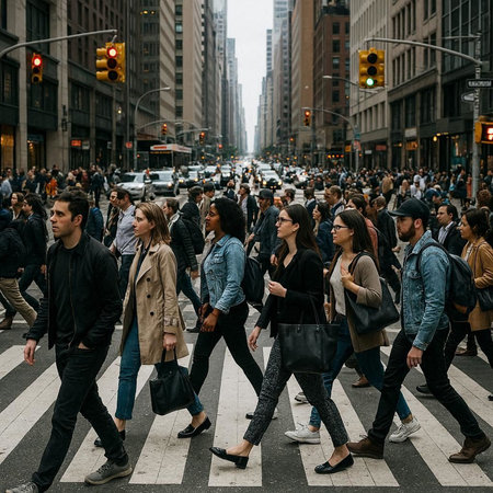 Crowd of people crossing the street in Manhattan.
