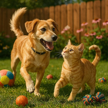 Cat and dog playing with a ball of yarn in the garden.