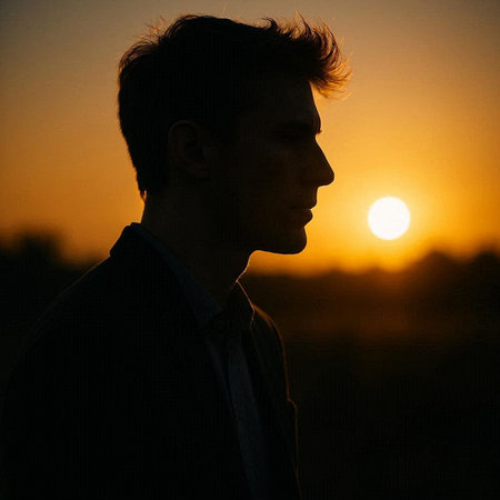 Silhouette of a handsome young man at sunset, profile view
