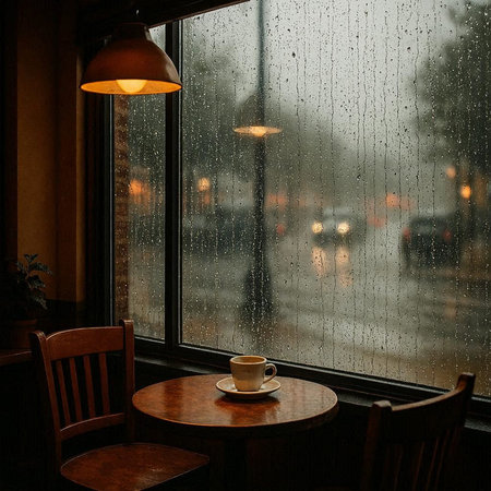 Coffee cup and chair on the window with raindrops.