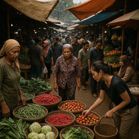 View of unknown people selling vegetables at the street market in the morning
