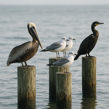 Three pelicans and seagulls sitting on wooden posts in the water.