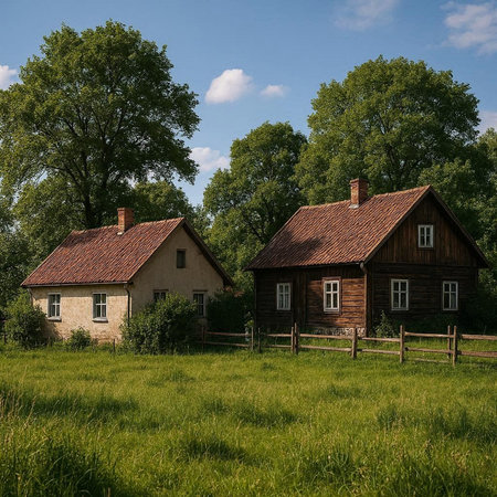 Two old wooden houses in the meadow with trees in the background