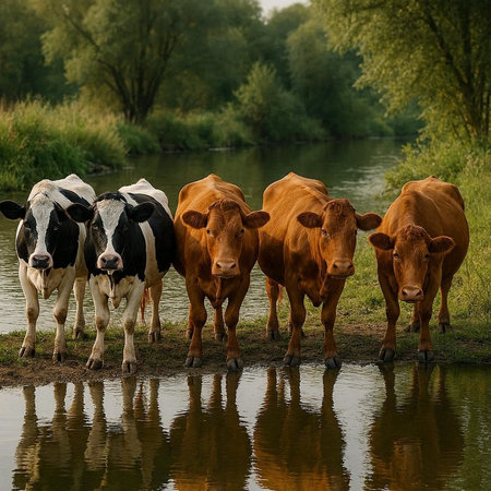 Herd of cows on the bank of the river in the summer