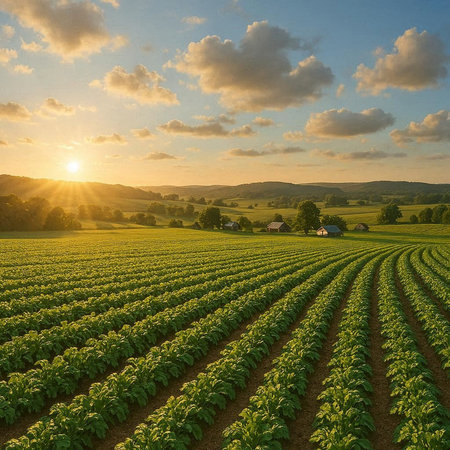 Sunset over sunflower field in summer. Beautiful countryside landscape.