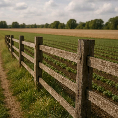 Wooden fence in a field in the countryside in summertime.
