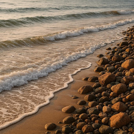 Beach of the Baltic Sea with stones and waves, Poland.