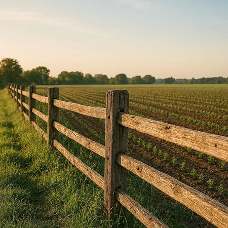Wooden fence on a field with green grass at sunset. Toned.