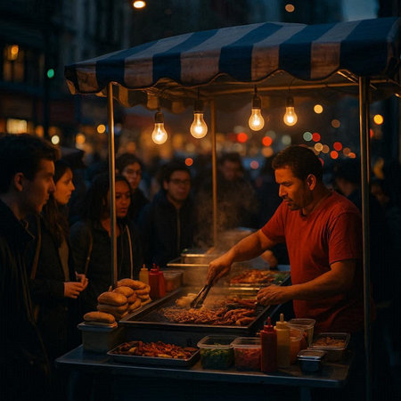 Street food vendor selling grilled sausages at night.